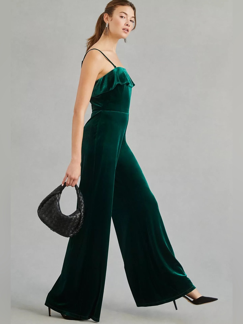 Anthropologie COREY LYNN CALTER Green Velvet Wide Leg Jumpsuit
